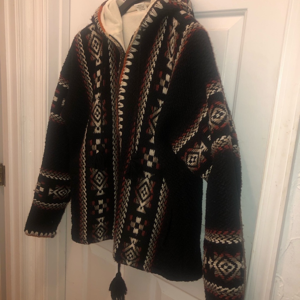 Maki BOHO Wool Black TibetanTribal Pattern Hooded Jacket Coat L/XL lined Warm!